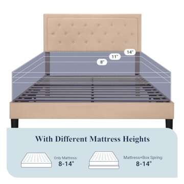Allewie Full Size Button Tufted/Fabric Upholstered Bed Frame with Adjustable Headboard/Wood Slat Support/Mattress Foundation/Beige