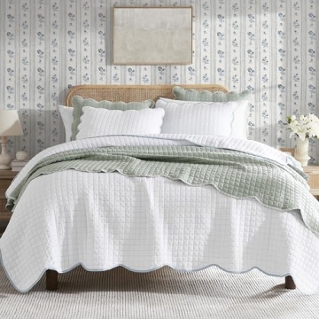 WDCOZY White Queen Size Quilt Bedding Set, Blue Scalloped Farmhouse Country Rustic Lightweight Soft ...