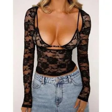 Women Y2K Lace Long Sleeve Top with Bra Sheer Mesh See Through Sexy Going Out Tops Black 2PCS S