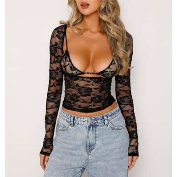 Women Y2K Lace Long Sleeve Top with Bra Sheer Mesh See Through Sexy Going Out Tops Black 2PCS S