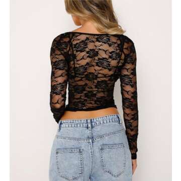 Women Y2K Lace Long Sleeve Top with Bra Sheer Mesh See Through Sexy Going Out Tops Black 2PCS S