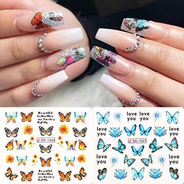 Butterfly Nail Art Stickers Water Transfer Nail Decals Flower Butterfly Design Nail Art Supplies But...