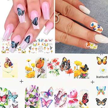 Butterfly Nail Art Stickers Water Transfer Nail Decals Flower Butterfly Design Nail Art Supplies Butterflies Nail Art Designs Accessories Manicure Tips Charms Foil Nail Art DIY (12 Sheets)