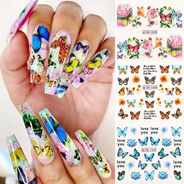 Butterfly Nail Art Stickers Water Transfer Nail Decals Flower Butterfly Design Nail Art Supplies Butterflies Nail Art Designs Accessories Manicure Tips Charms Foil Nail Art DIY (12 Sheets)