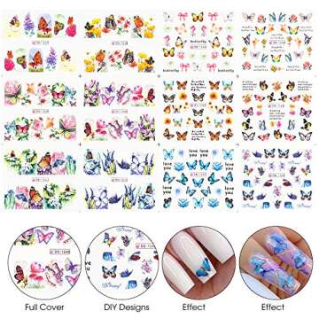 Butterfly Nail Art Stickers Water Transfer Nail Decals Flower Butterfly Design Nail Art Supplies Butterflies Nail Art Designs Accessories Manicure Tips Charms Foil Nail Art DIY (12 Sheets)