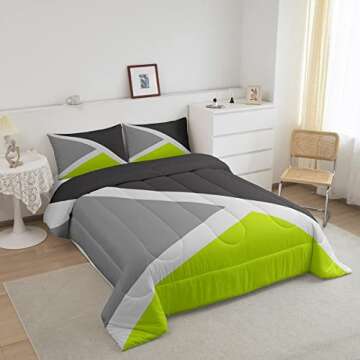 Erosebridal Lime Green and Gray Down Comforter Patchwork Geometry Bedding Set Geometric Triangle Pat...