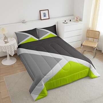 Erosebridal Lime Green and Gray Down Comforter Patchwork Geometry Bedding Set Geometric Triangle Pattern Comforter Set Farmhouse Room Decor,Soft Microfiber Quilt Duvet Insert 2 Pillow Cases Queen