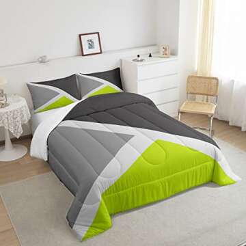 Erosebridal Lime Green and Gray Down Comforter Patchwork Geometry Bedding Set Geometric Triangle Pattern Comforter Set Farmhouse Room Decor,Soft Microfiber Quilt Duvet Insert 2 Pillow Cases Queen