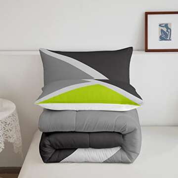 Erosebridal Lime Green and Gray Down Comforter Patchwork Geometry Bedding Set Geometric Triangle Pattern Comforter Set Farmhouse Room Decor,Soft Microfiber Quilt Duvet Insert 2 Pillow Cases Queen
