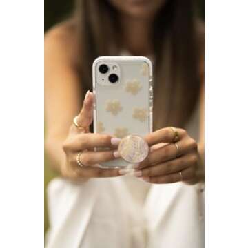 Grips by CRYSTALFY Ivory Pearl Authentic Natural Abalone Seashell Crystal Phone Grip Holder, Expanding Kickstand, Natural Gemstone Swappable Top Accessory for iPhone, iPad, Kindle, Mobile Devices