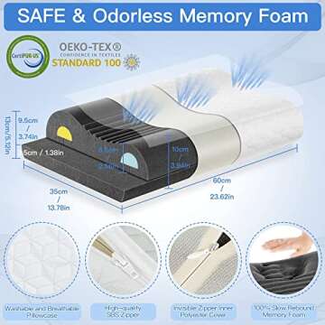 Joynox Memory Foam Pillow, Adjustable Contour Pillow for Neck Pain, Orthopedic Support Cervical Pillow for Sleeping, Ergonomic Bed Pillow for Back, Side, Stomach Sleepers, White