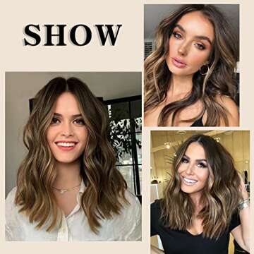 Lativ Short Bob Wavy Wig for Women Lace Front Wigs Ombre Brown Synthetic Wig Middle Part T Lace Wigs Heat Resistant Fiber for Daily Party Use