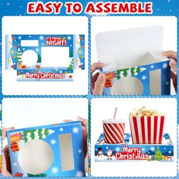 32Pcs Christmas Party Supplies Movie Night Paper Snacks Boxes Xmas Movie Theater Snack Tray Party Decorations Movie Popcorn Drink Holder Set for Christmas Xmas Tree Snowman Birthday Holiday Party