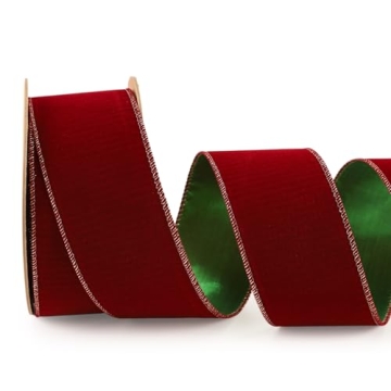 LaRibbons Cranberry/Green Reversible Velvet Lurex Wired Ribbon, 2 1/2 Inch Crushed Velvet Ribbon for...