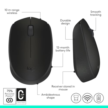 Logitech M170 Wireless Mouse for PC, Mac, Laptop, 2.4 GHz with USB Mini Receiver, Optical Tracking, 12-Months Battery Life, Ambidextrous - Black