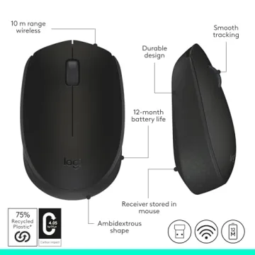 Logitech M170 Wireless Mouse for PC, Mac, Laptop, 2.4 GHz with USB Mini Receiver, Optical Tracking, 12-Months Battery Life, Ambidextrous - Black