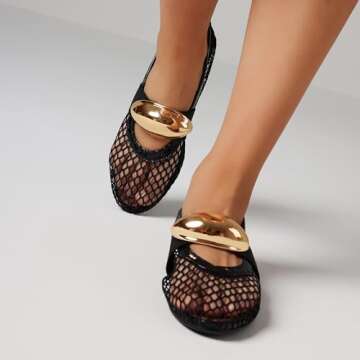 AMINUGAL Mesh Ballet Flats Shoes for Women Fashion Round Toe Fishnet Black Flats for Women Buckle Strap Mary Jane Shoes Women Comfy Casual Office Daily Dress Ballerina Shoes Size 5.5