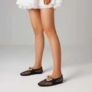 AMINUGAL Mesh Ballet Flats Shoes for Women Fashion Round Toe Fishnet Black Flats for Women Buckle Strap Mary Jane Shoes Women Comfy Casual Office Daily Dress Ballerina Shoes Size 5.5