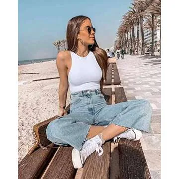 Trendy Allchic Women's Racerback Bodysuits in White