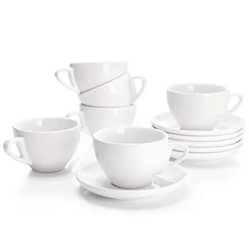 Sweese 6 Ounce Cappuccino Cups with Saucers, Porcelain Double Espresso Cups Set of 6 - White