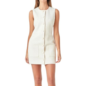 Tweed Dress Woman Sleeveless Bodycon Jackie O Dresses Crew Neck Elegant Button Down Mini Dress White