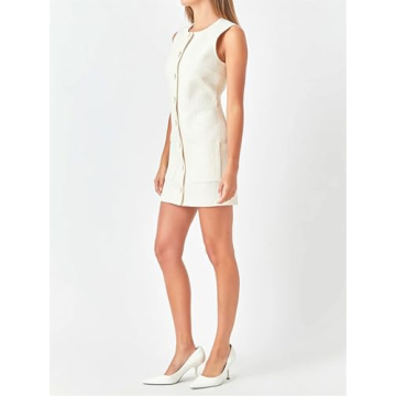 Tweed Dress Woman Sleeveless Bodycon Jackie O Dresses Crew Neck Elegant Button Down Mini Dress White