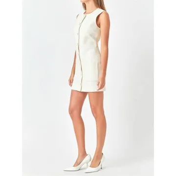 Tweed Dress Woman Sleeveless Bodycon Jackie O Dresses Crew Neck Elegant Button Down Mini Dress White