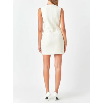 Tweed Dress Woman Sleeveless Bodycon Jackie O Dresses Crew Neck Elegant Button Down Mini Dress White