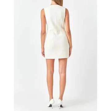 Tweed Dress Woman Sleeveless Bodycon Jackie O Dresses Crew Neck Elegant Button Down Mini Dress White