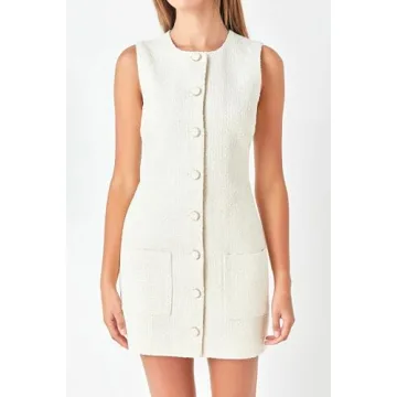 Tweed Dress Woman Sleeveless Bodycon Jackie O Dresses Crew Neck Elegant Button Down Mini Dress White