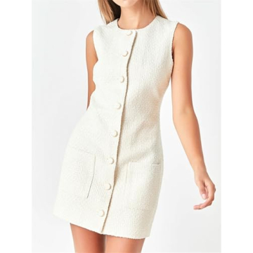 Tweed Dress Woman Sleeveless Bodycon Jackie O Dresses Crew Neck Elegant Button Down Mini Dress White