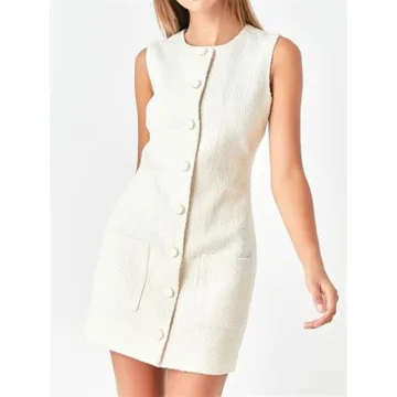 Tweed Dress Woman Sleeveless Bodycon Jackie O Dresses Crew Neck Elegant Button Down Mini Dress White