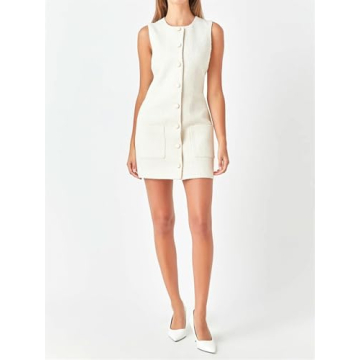 Tweed Dress Woman Sleeveless Bodycon Jackie O Dresses Crew Neck Elegant Button Down Mini Dress White