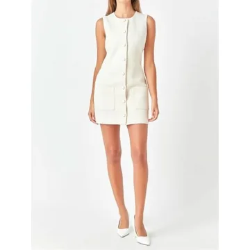 Tweed Dress Woman Sleeveless Bodycon Jackie O Dresses Crew Neck Elegant Button Down Mini Dress White