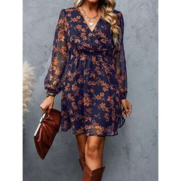 CUPSHE Womens Floral Peasant Sleeve Dress Autumn V-Neck Elastic Waist Chiffon Mini Dresses, Small, N...