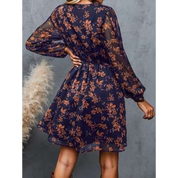 CUPSHE Womens Floral Peasant Sleeve Dress Autumn V-Neck Elastic Waist Chiffon Mini Dresses, Small, Navy-2