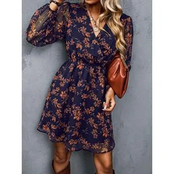 CUPSHE Womens Floral Peasant Sleeve Dress Autumn V-Neck Elastic Waist Chiffon Mini Dresses, Small, Navy-2