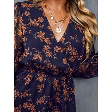 CUPSHE Womens Floral Peasant Sleeve Dress Autumn V-Neck Elastic Waist Chiffon Mini Dresses, Small, Navy-2