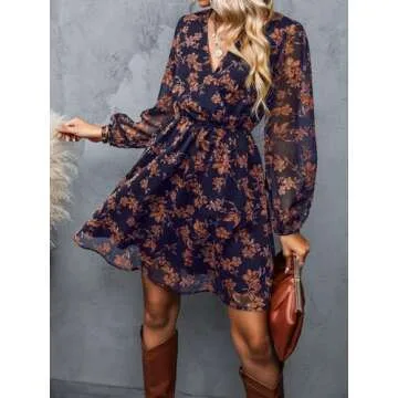 CUPSHE Womens Floral Peasant Sleeve Dress Autumn V-Neck Elastic Waist Chiffon Mini Dresses, Small, Navy-2