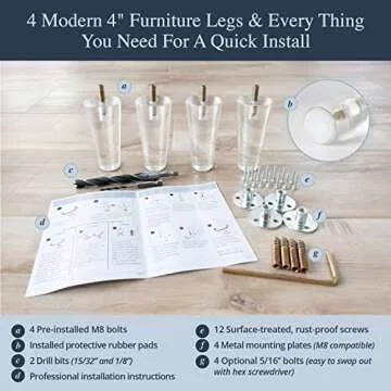 Acrylic Furniture Legs - Mid Century Legs For Couch, Sofa, Chair, Table, Dresser, Bed, Cabinet, Ottoman - Furniture Feet Are Easy To Install & Include Installation Hardware - Set of 4, 4 Inches