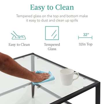 Best Choice Products 32” Square Glass Coffee Table, Large 2-Tier Accent Furniture for Living Room, Bedroom w/Metal Frame, Glass Shelves - Black