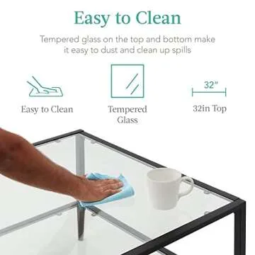 Best Choice Products 32” Square Glass Coffee Table, Large 2-Tier Accent Furniture for Living Room, Bedroom w/Metal Frame, Glass Shelves - Black