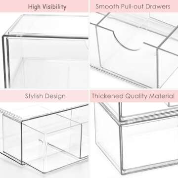 Qtip Holder, Acrylic 3Layers Makeup Organizer Drawer Case, Countertop Holder for Cosmetics Storage, Vanity Holder for Qtip, Lipstick, Eyeshadow, Brushes, Necklaces -Clear