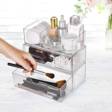 Qtip Holder, Acrylic 3Layers Makeup Organizer Drawer Case, Countertop Holder for Cosmetics Storage, Vanity Holder for Qtip, Lipstick, Eyeshadow, Brushes, Necklaces -Clear
