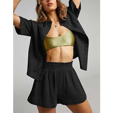 Flygo Womens Casual 2 Piece Outfits Cotton Linen Sets Button Down Shirt Shorts Resort Wear 2024 Paja...