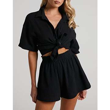 Flygo Womens Casual 2 Piece Outfits Cotton Linen Sets Button Down Shirt Shorts Resort Wear 2024 Pajama Beach Set(Black-L)
