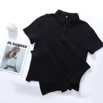 Flygo Womens Casual 2 Piece Outfits Cotton Linen Sets Button Down Shirt Shorts Resort Wear 2024 Pajama Beach Set(Black-L)