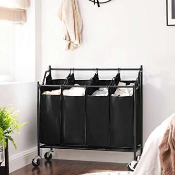 SONGMICS 4-Bag Laundry Cart Sorter, Rolling Laundry Basket Hamper, with 4 Removable Bags, Casters an...