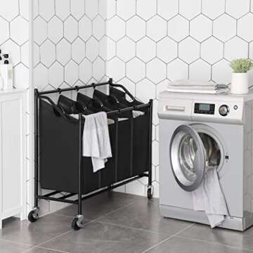 SONGMICS 4-Bag Laundry Cart Sorter, Rolling Laundry Basket Hamper, with 4 Removable Bags, Casters and Brakes, Black URLS90H