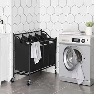 SONGMICS 4-Bag Laundry Cart Sorter, Rolling Laundry Basket Hamper, with 4 Removable Bags, Casters and Brakes, Black URLS90H
